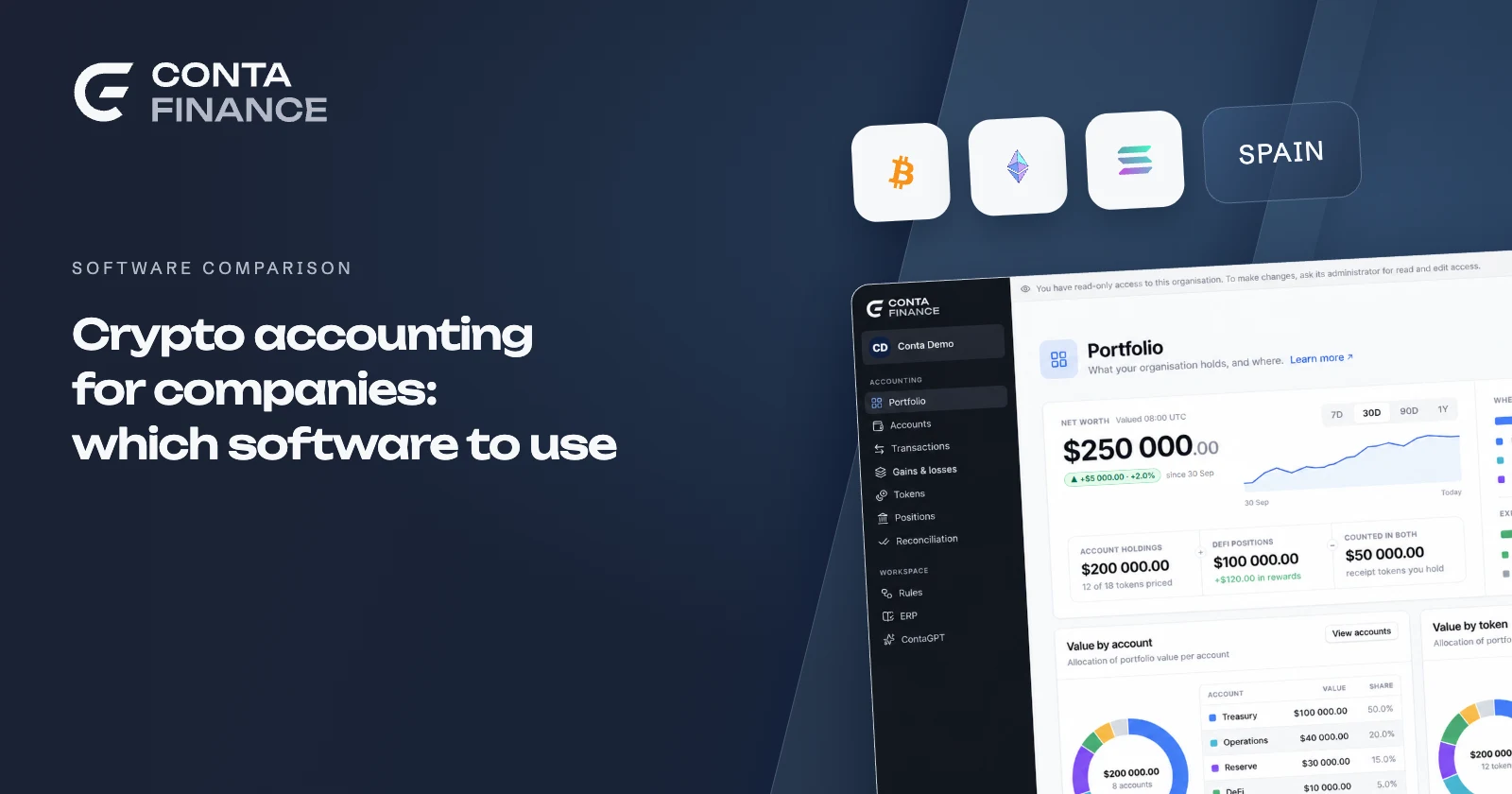 Choosing crypto accounting software for companies in Spain: Conta Demo with Bitcoin, Ethereum and Solana.
